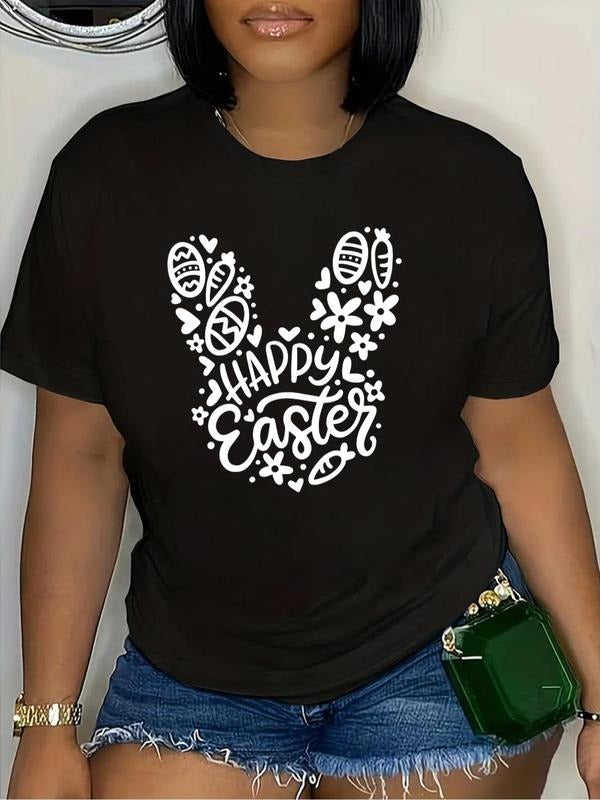 Plus Size Cartoon Rabbit Ear & Letter Print Drop Shoulder Tee, Casual Short Sleeve Round Neck T-Shirt for Summer, Women's...