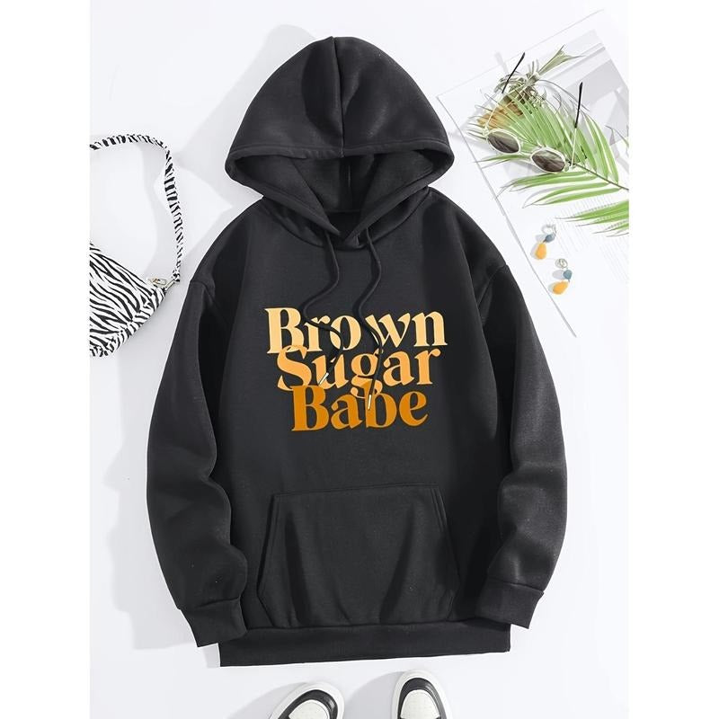 Plus Size Casual Sweatshirt, Women's Plus Art Letter Print Liner Fleece Long Sleeve Drawstring Hooded Pullover Sweatshirt...