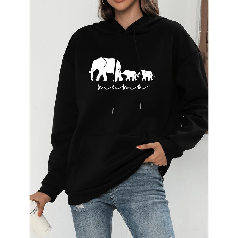 Plus Size Casual Sweatshirt, Women's Plus Elephant Print Liner Fleece Long Sleeve Drawstring Hooded Pullover Sweatshirt...