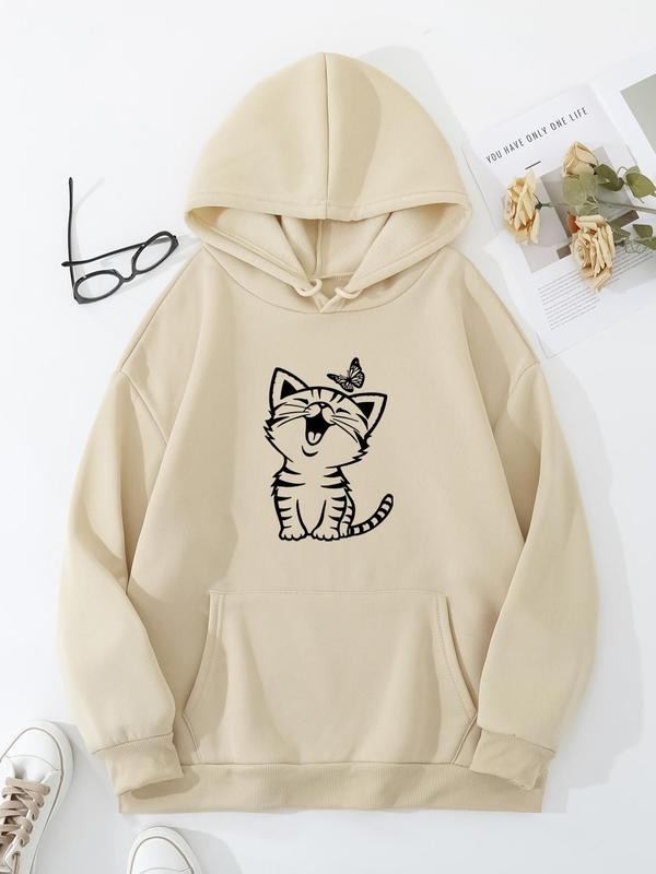Plus Size Cat Print Drop Shoulder Hoodie, Fashion Casual Drawstring Pocket Hooded Sweatshirt for Daily Holiday Outdoor...