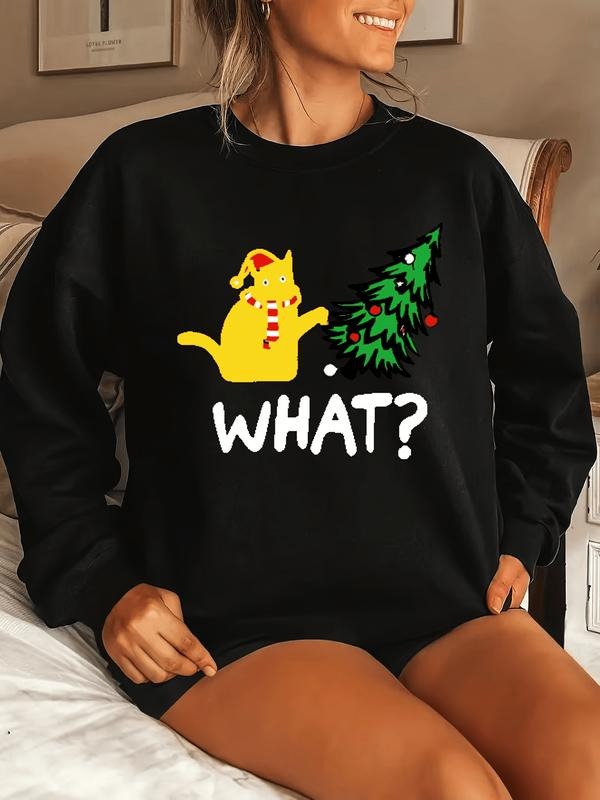 Plus Size Christmas Sweatshirt, Women's Plus Christmas Tree & Funny Cat & Slogan Print Long Sleeve Crew Neck Pullover...