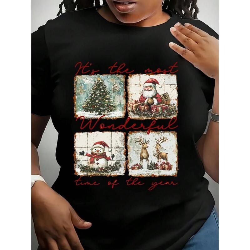 Plus Size Christmas T-Shirt  It's The Most Wonderful Time Of The Year With Santa, Snowman, Reindeer And Christmas Tree Print