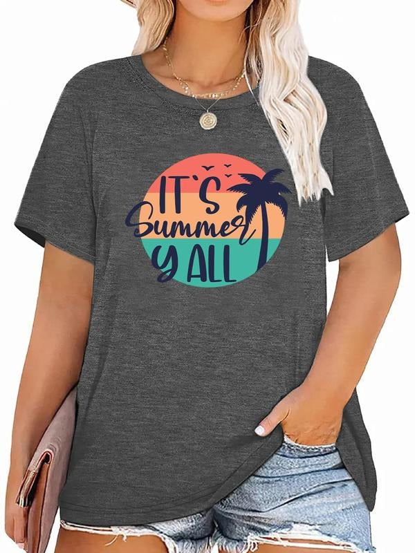 Plus Size Coconut Tree & Letter Print Round Neck Tee, Casual Short Sleeve Crew Neck T-shirt, Women's Plus Clothing for...