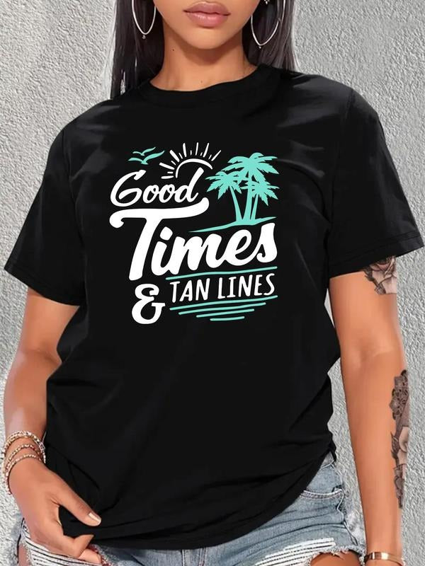 Plus Size Coconut Tree Print Round Neck  Tee, Vintage Trendy Casual Short Sleeve T-shirt for Daily Wear, Ladies Summer...