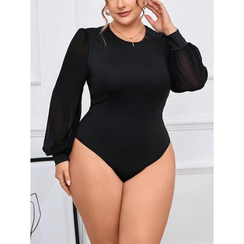 Plus Size Crew Neck Mesh Long Sleeve Bodysuit Leotards Shirts Jumpsuit Womenswear Tops Hoodie, Sweatshirt | HypeCrazeTee.com