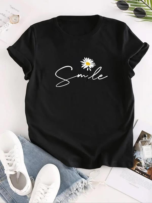 Plus Size Daisy & Letter Print Round Neck Graphic Tee, Vintage Trendy Casual Short Sleeve T-shirt for Daily Wear, Ladies...