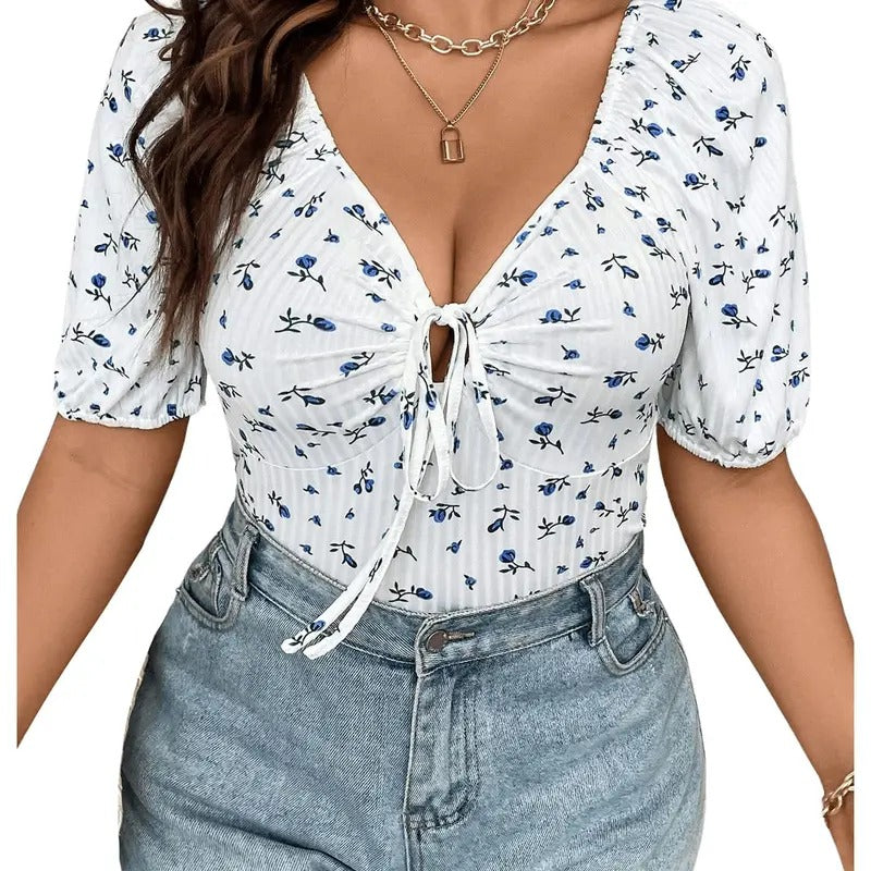 Plus Size Ditsy Floral Print Tee Tie Front V Neck Short Sleeve T Shirt Tops Hoodie, Sweatshirt | HypeCrazeTee.com