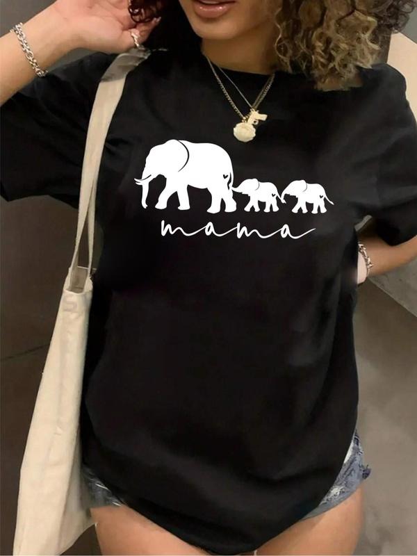 Plus Size Elephant Print Round Neck Tee, Casual Short Sleeve Crew Neck T-shirt, Women's Plus Clothing for Summer Daily...