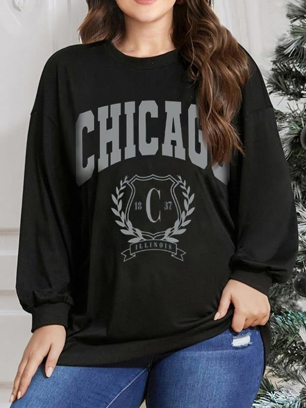 Plus Size Figure & Letter Print Drop Shoulder Sweatshirt, Casual Long Sleeve Round Neck Pullover For Daily Wear, Women's...