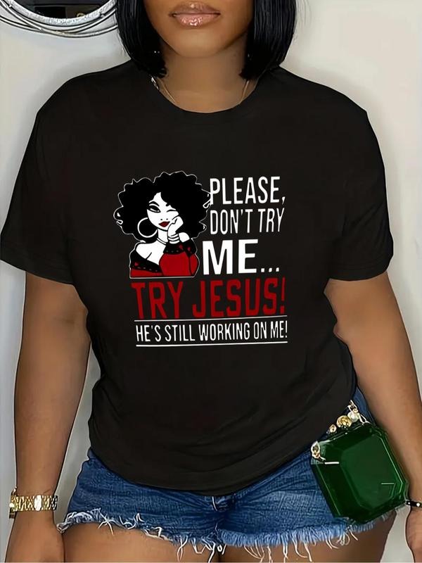 Plus Size Figure & Letter Print Round Neck Tee, Casual Crew Neck Short Sleeve T-shirt, Women Plus Clothing for Summer...
