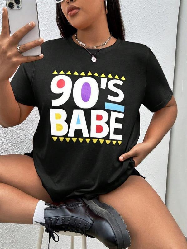 Plus Size Figure & Letter Print Round Neck Tee, Trendy Casual Short Sleeve Crew Neck T-shirt for Daily Wear, Ladies Plus...