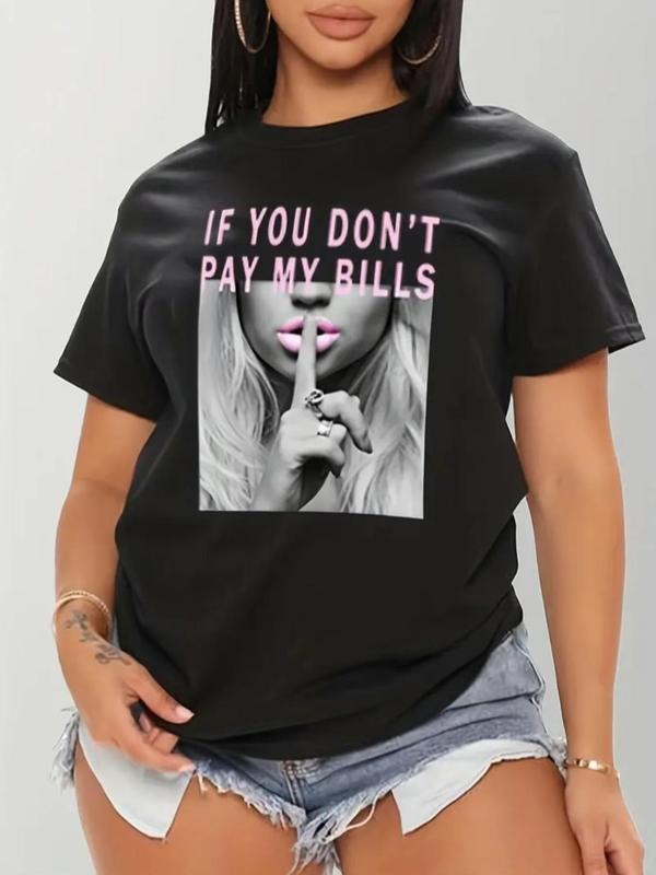 Plus Size Figure & Slogan Print Round Neck Tee, Fashion Casual Crew Neck Short Sleeve T-Shirt for Daily Outdoor Wear,...