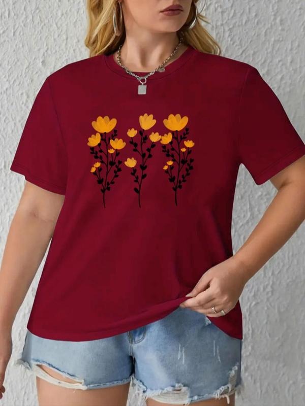Plus Size Floral Graphic Round Neck Tee, Casual Short Sleeve T-shirt for Summer, Women's Plus Clothing for Daily Wear...