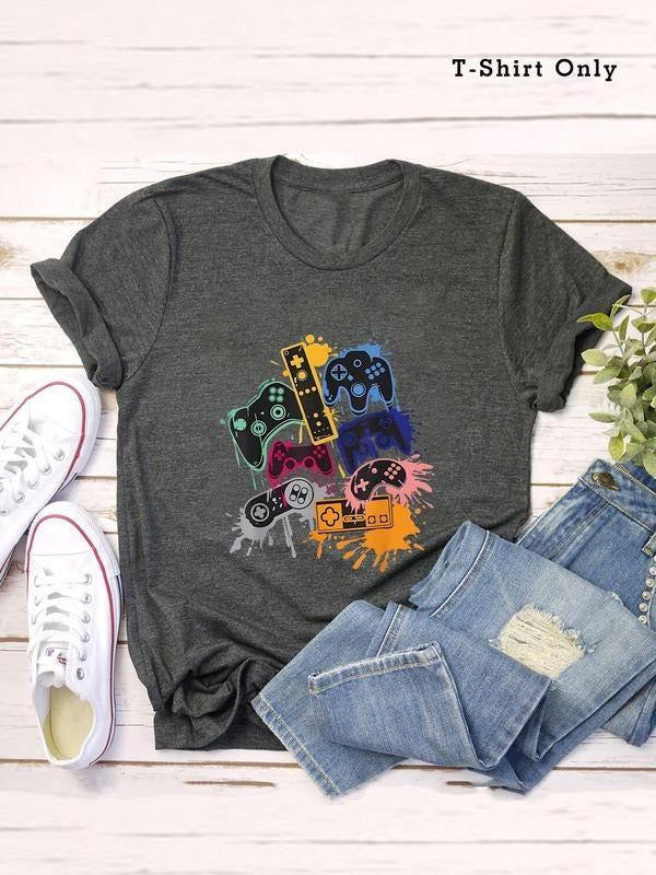 Plus Size Game Console Print Round Neck Tee, Fashion Casual Short Sleeve T-shirt for Daily Outdoor Wear, Women Plus...
