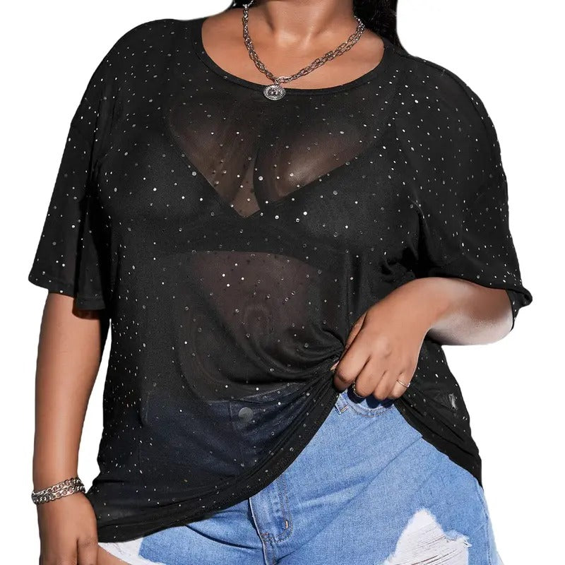 Plus Size Glitter Sheer Mesh Short Sleeve Tee Shirt Top Hoodie, Sweatshirt | HypeCrazeTee.com