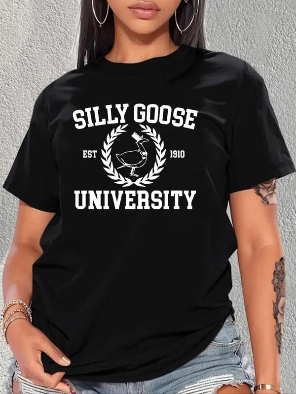 Plus Size Goose Print Round Neck Tee, Fashion Casual Letter Print Drop Shoulder T-Shirt for Daily Outdoor Wear, Women...