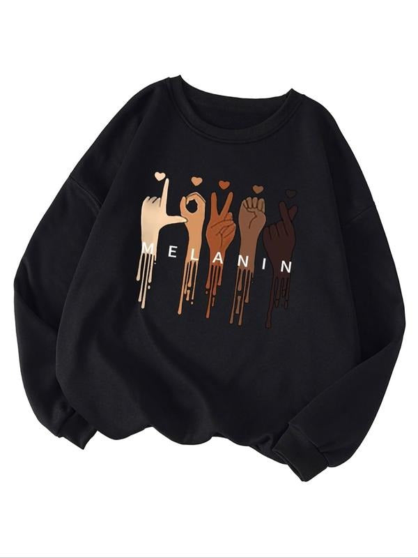 Plus Size Hand & Letter Print Drop Shoulder Pullover, Casual Long-Sleeve Crew Neck Sweatshirt for Fall & Winter, Women's...