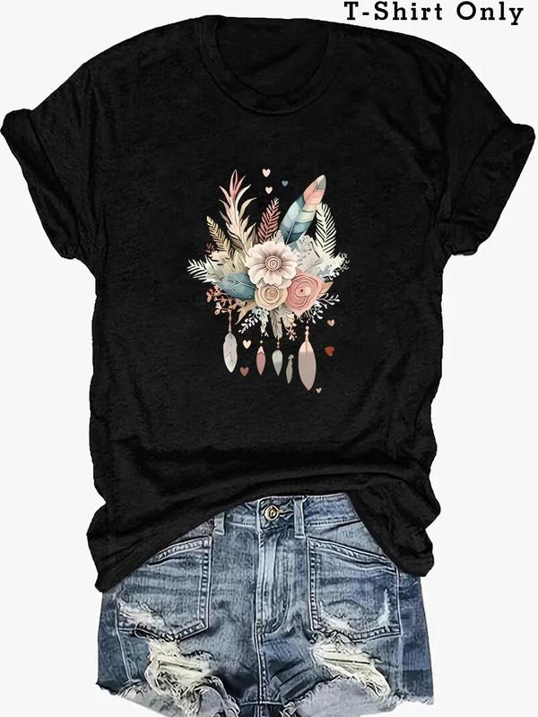 Plus Size Heart & Floral Print Round Neck Tee, Casual Short Sleeve T-shirt for Summer, Women's Plus Clothing for Daily...
