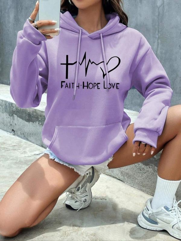 Plus Size Heart & Letter Print  Drawstring Hoodie, Casual Pocket Drop Shoulder Sweatshirt for Fall & Winter, Women's Plus...