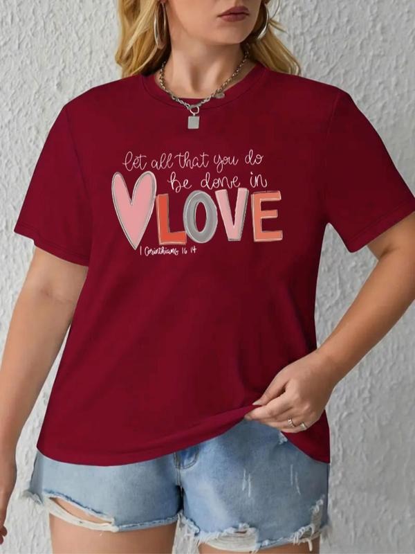 Plus Size Heart & Letter Print Round Neck Tee, Casual Short Sleeve Crew Neck T-shirt, Women's Plus Clothing for Daily...