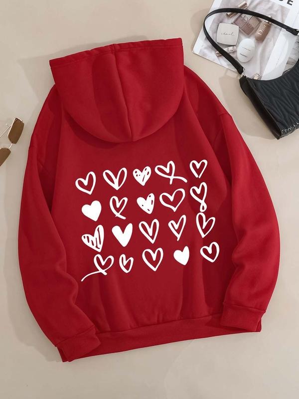 Plus Size Heart Print Drawstring Pocket Drop Shoulder Hoodie, Stylish Casual Long Sleeve Hooded Sweatshirt for Daily...