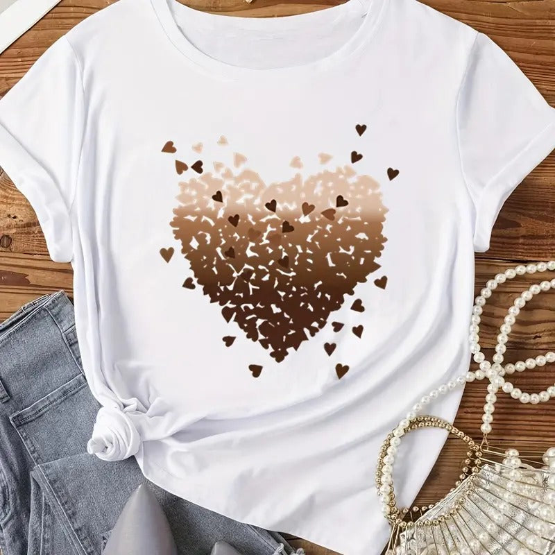 Plus Size Heart Print Drop Shoulder Tee, Casual Short Sleeve Round Neck T-shirt for Summer, Women's Plus Clothing for...