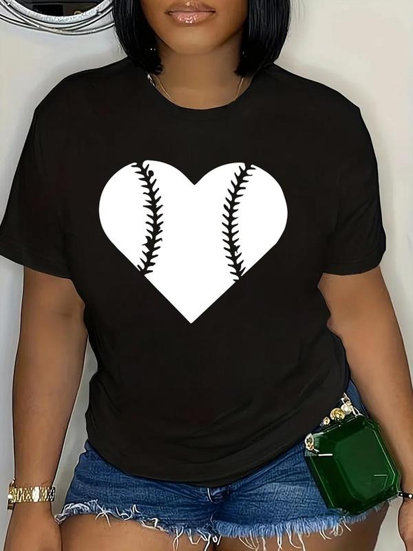 Plus Size Heart Print Round Neck Tee, Casual Short Sleeve T-shirt, Women's Plus Size Summer Clothing for Daily Wear...