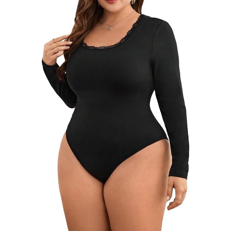Plus Size Lace Trim Square Neck Long Sleeve Bodysuit Leotards Shirts Hoodie, Sweatshirt | HypeCrazeTee.com