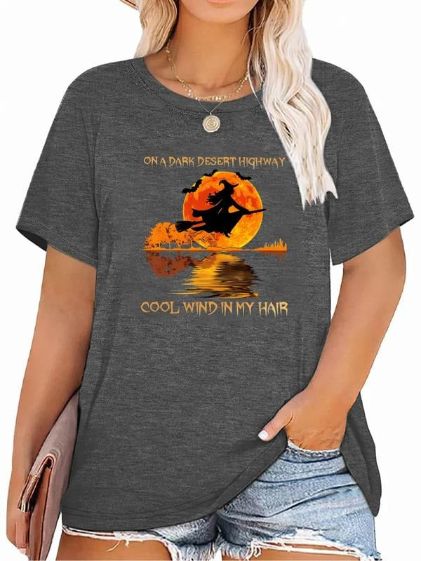Plus Size Landscape & Figure Print Round Neck Tee, Casual Letter Graphic Short Sleeve T-shirt, Women's Plus Clothing for...