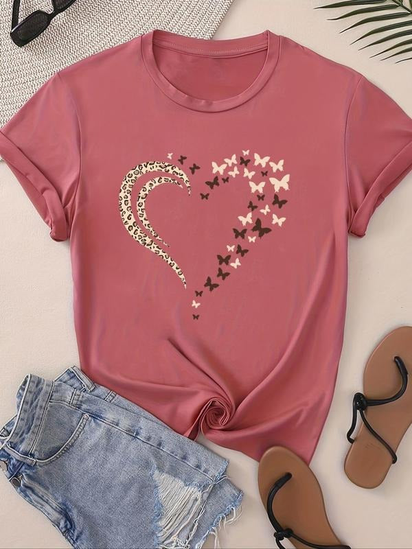 Plus Size Leopard & Butterfly Heart Print Round Neck Tee, Casual Short Sleeve T-shirt for Summer, Women's Plus Clothing...