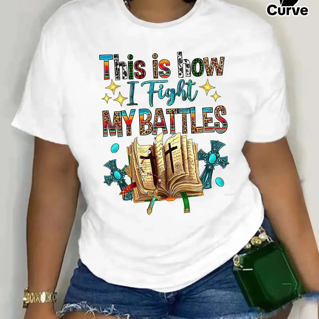Plus Size Letter & Book Print Round Neck Tee, Fashion Casual Crew Neck T-Shirt for Daily Holiday Outdoor Wear, Women Plus...