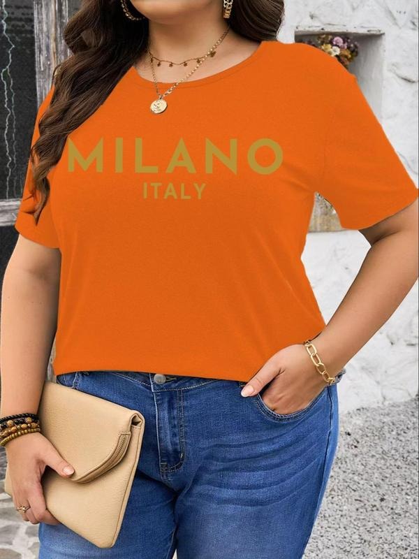 Plus Size Letter & Geometric Print Round Neck Tee, Casual Short Sleeve Crew Neck T-shirt for Daily Wear, Women Plus...