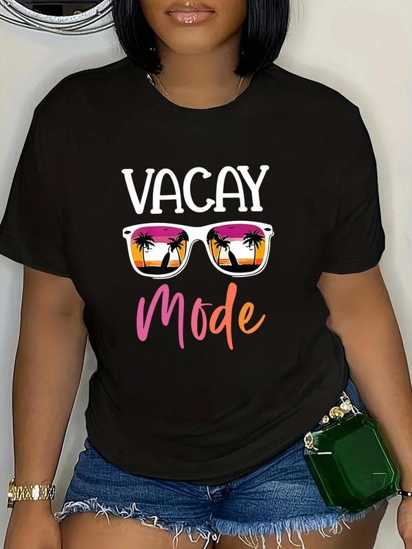 Plus Size Letter & Tree Print Round Neck Tee, Casual Sunglasses Print Short Sleeve T-shirt, Women Plus Clothing for...