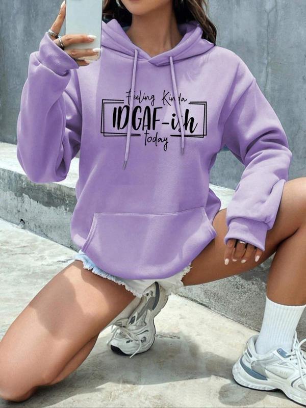 Plus Size Letter Print Drawstring Hoodie, Casual Pocket Drop Shoulder  Sweatshirt for Fall & Winter, Women's Plus...