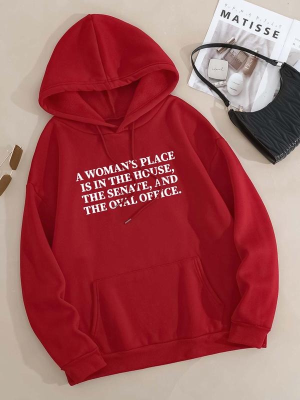 Plus Size Letter Print Drop Shoulder Drawstring Hoodie, Fashion Casual Pocket Hooded Sweatshirt for Daily Holiday Outdoor...