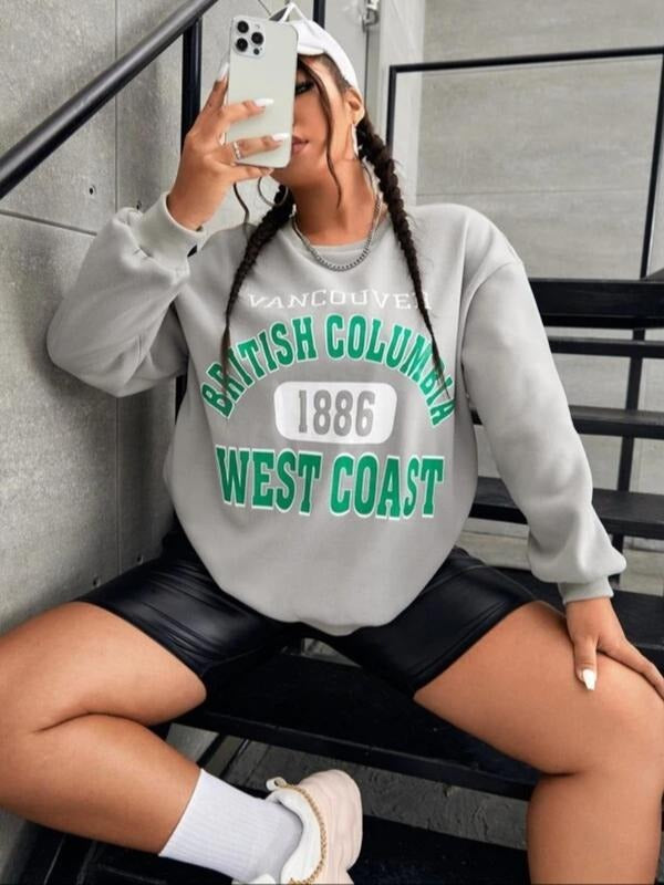Plus Size Letter Print Drop Shoulder Sweatshirt Without Necklace, Fashion Casual Crew Neck Pullover for Daily Outdoor...