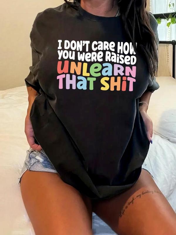 Plus Size Letter Print Round Neck Tee, Casual Crew Neck Short Sleeve T-shirt, Women Plus Clothing for Summer style 03...