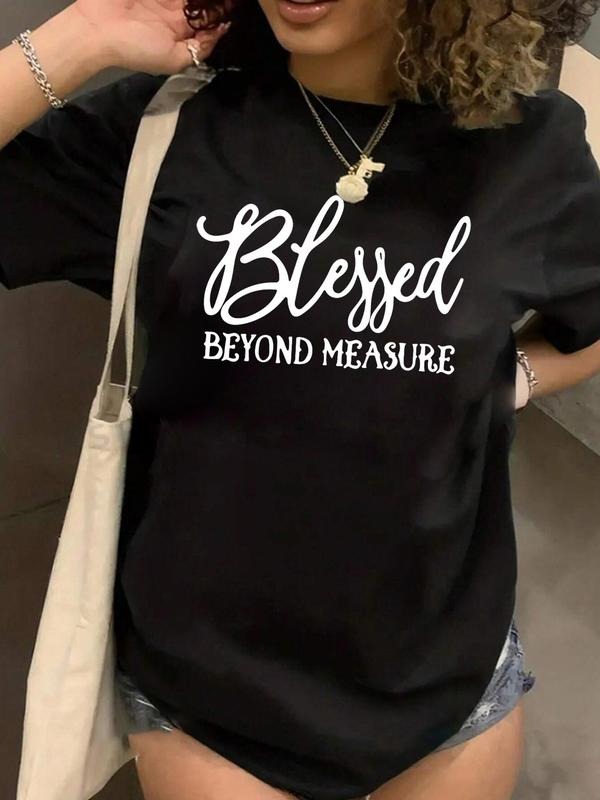 Plus Size Letter Print Round Neck Tee, Casual Short Sleeve Crew Neck T-shirt for Summer, Women's Plus Clothing for Daily...