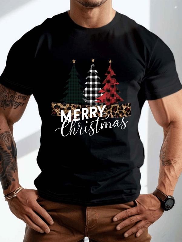Plus Size Men's Christmas Trees Graphic Print T-shirt for Summer, Fashion Casual Short Sleeve Tees for Males, PLUS SIZE...