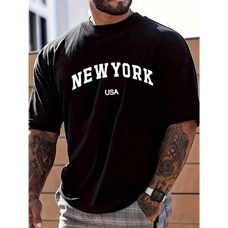 Plus Size Men's Fancy Letter New York Print T-Shirt, Casual Fashion Tee, Street Style Short Sleeve Crew Neck Shirt...
