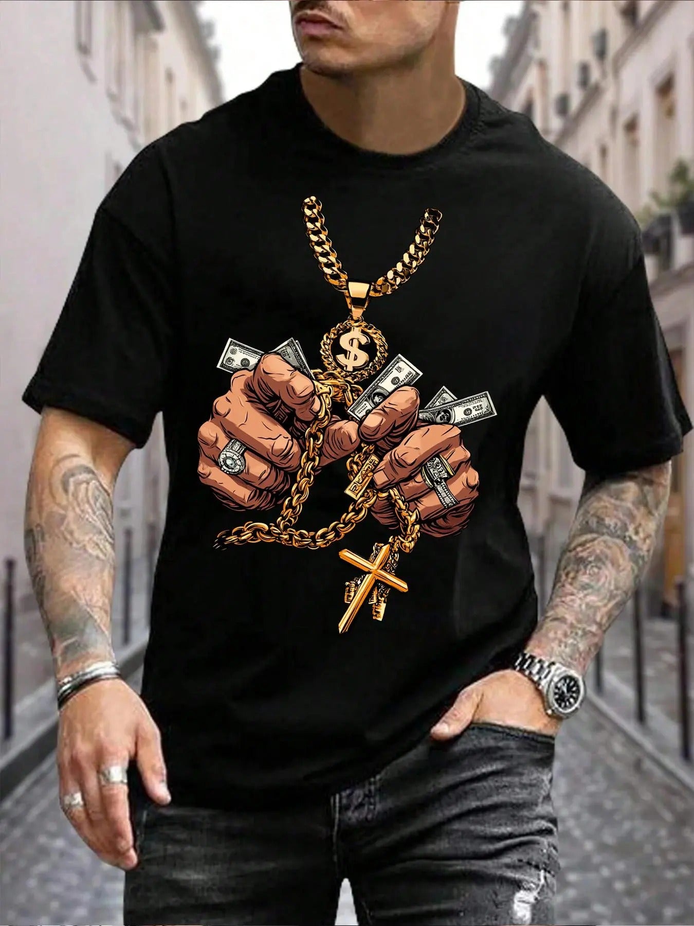 Plus Size Men's Hand & Cross Print Short Sleeve Graphic Tee, Street Fashion Casual Regular Fit T-shirt for Daily Wear,...