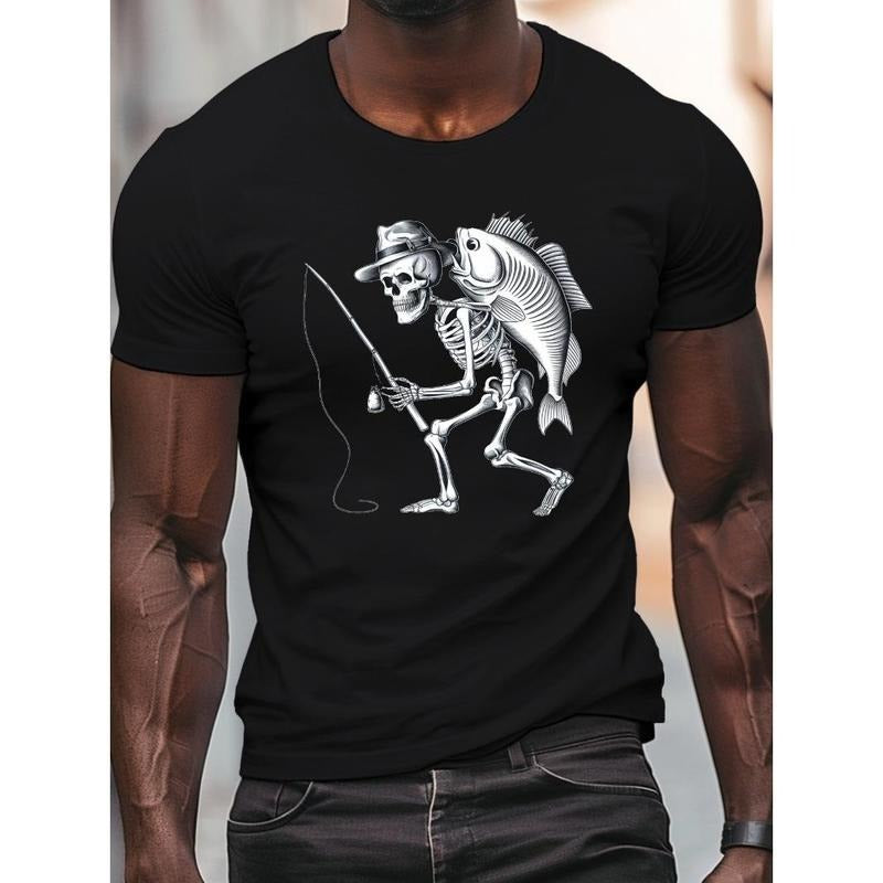 Plus Size Men's Summer T-shirt, Skeleton Fishing Activity Graphic Print Short Sleeve Tees Trend Casual Tops For Daily...