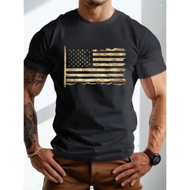 Plus Size Mens Casual Summer T-Shirt - Slight Stretch Crew Neck Geometric Flag Graphic Print Tee with Machine Washable...