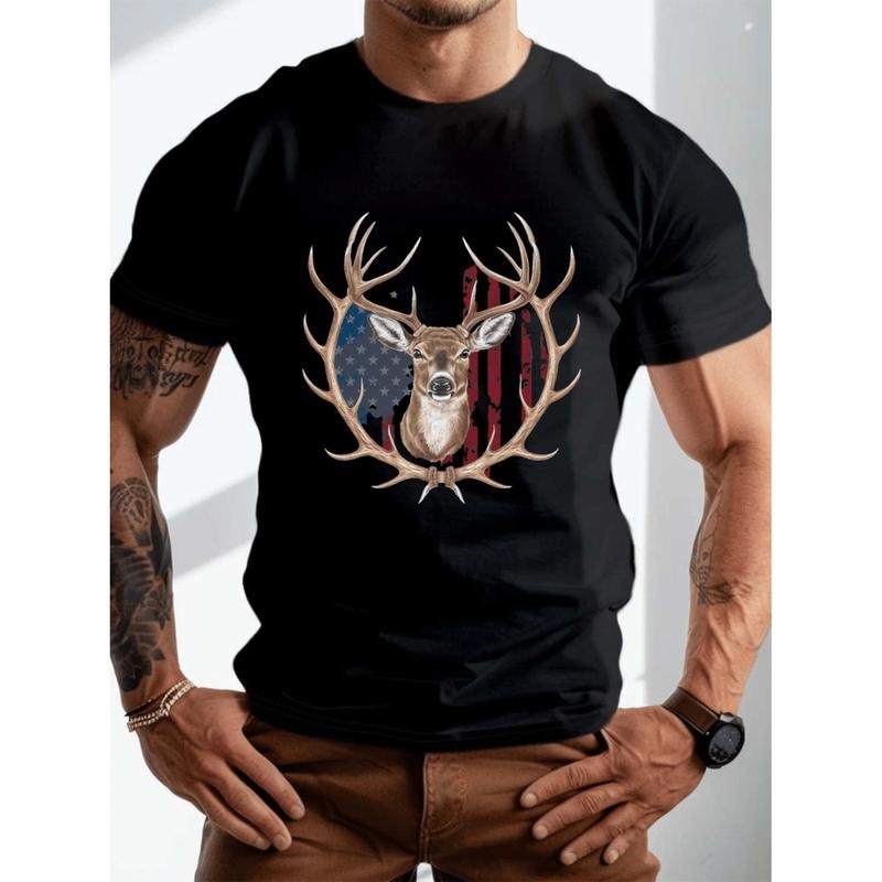 Plus Size Mens Summer T Shirt Deer Flag Graphic Print Short Sleeve Tees Trend Casual   For Daily Life Big Tall Guys White...