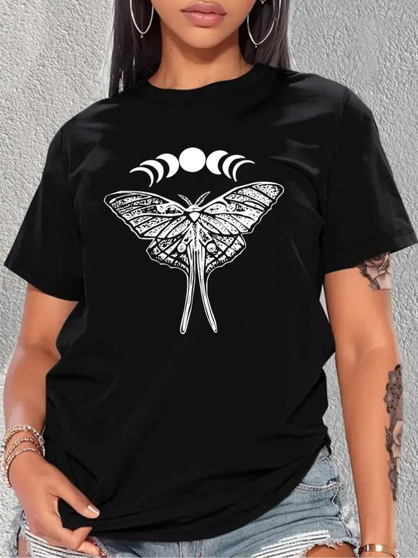 Plus Size Moon & Butterfly Print Round Neck Tee, Casual Short Sleeve Crew Neck T-shirt, Women's Plus Clothing for Summer...