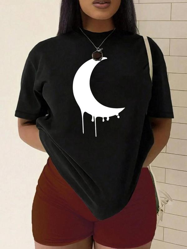 Plus Size Moon Print Round Neck Tee, Casual Crew Neck Short Sleeve T-Shirt for Daily Wear, Women Plus Clothing for Summer...