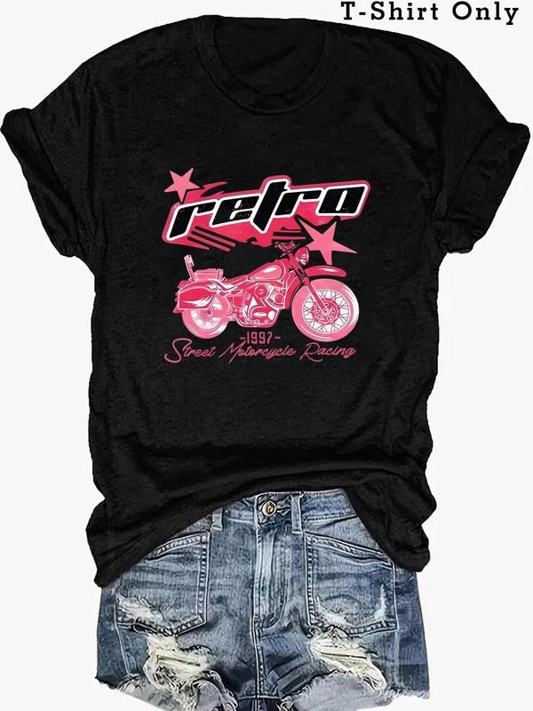 Plus Size Motorcycle & Letter Print Tee, Casual Round Neck Short Sleeve T-shirt for Summer, Women's Plus Clothing for...