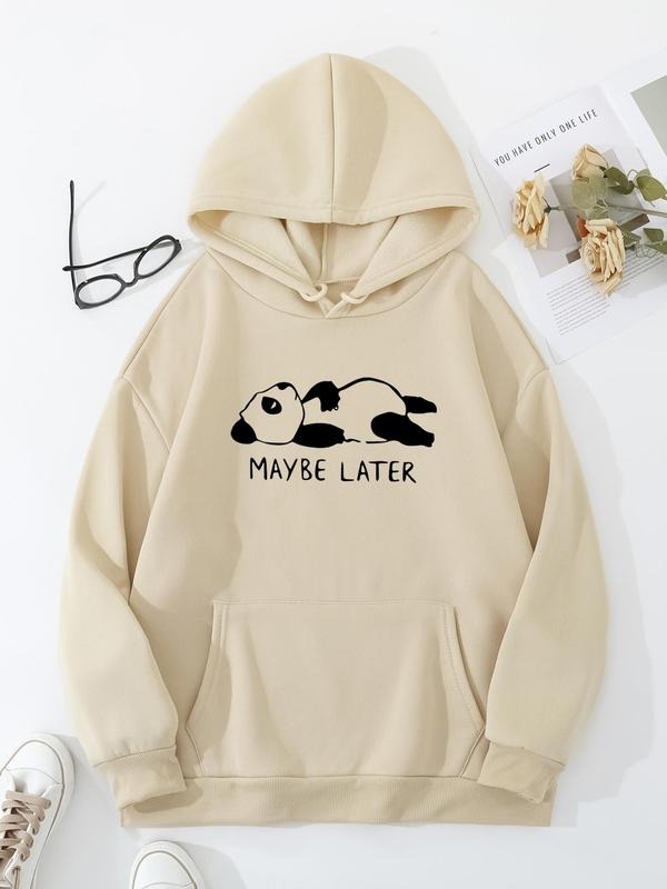 Plus Size Panda & Letter Print Drop Shoulder Hoodie, Fashion Casual Drawstring Pocket Hooded Sweatshirt for Daily Holiday...