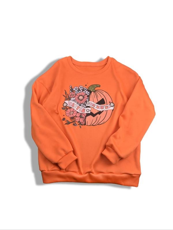 Plus Size Pumpkin Print Round Neck Sweatshirt, Fashion Casual Crew Neck Long Sleeve Pullover For Daily Wear, Women's Plus...