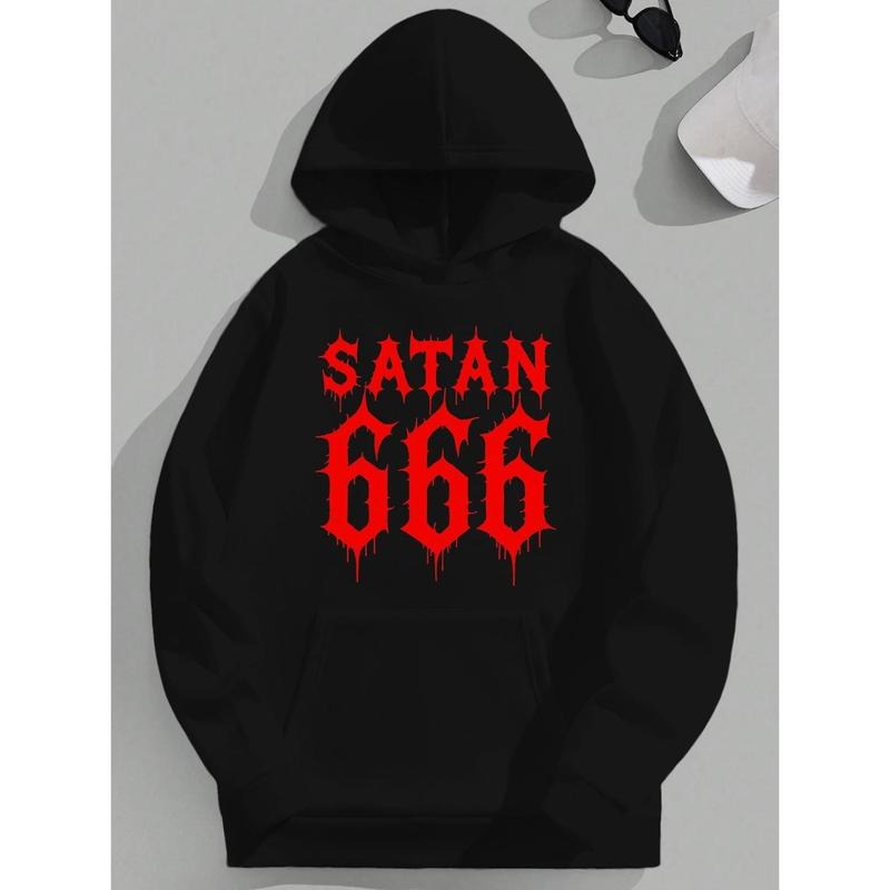 [Plus Size SATAN] Plus Size SATAN 666 Graphic Hooded Sweatshirt | Black with Bold Red Dripping Blood Print, Relaxed Fit...